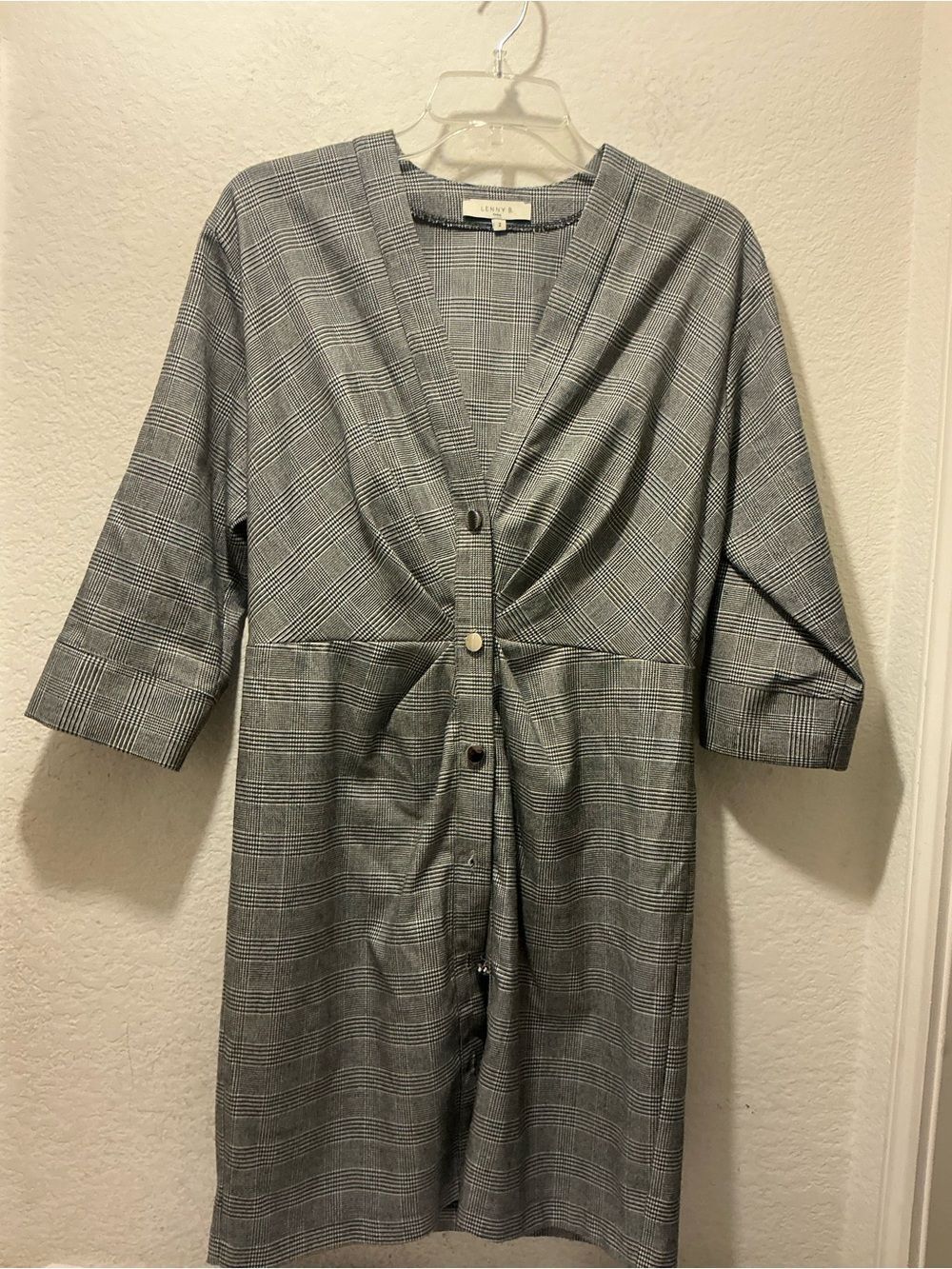 Lenny B Paris Grey Plaid V-Neck Button-Front Women's Dress